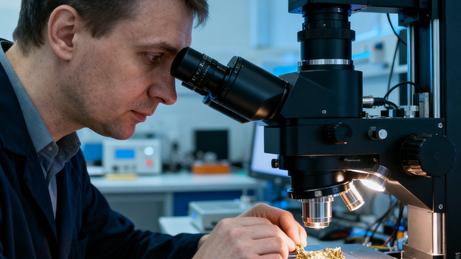 bjl平台集团CTO阿列克谢·科瓦连科博士在材料实验室中操作电子显微镜，他专注地观察金属合金的微观结构